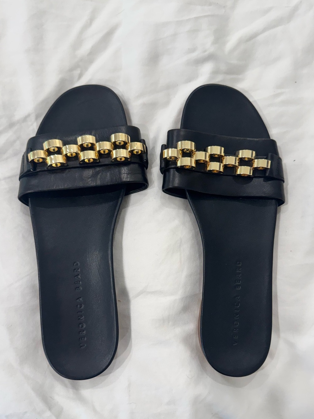 Veronica Beard Black Slide Sandals with Gold Chain Accent